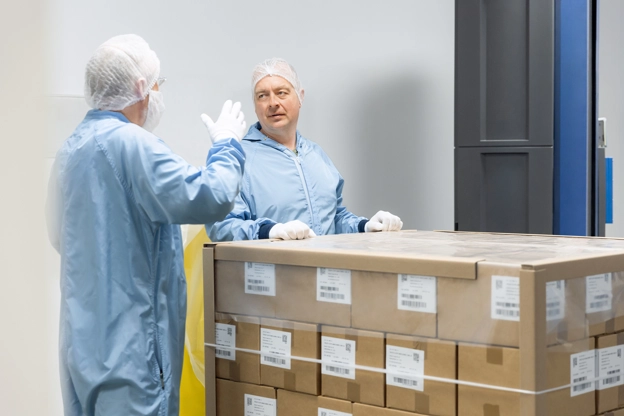 Deux employés dans le service production avec des caisses de produits