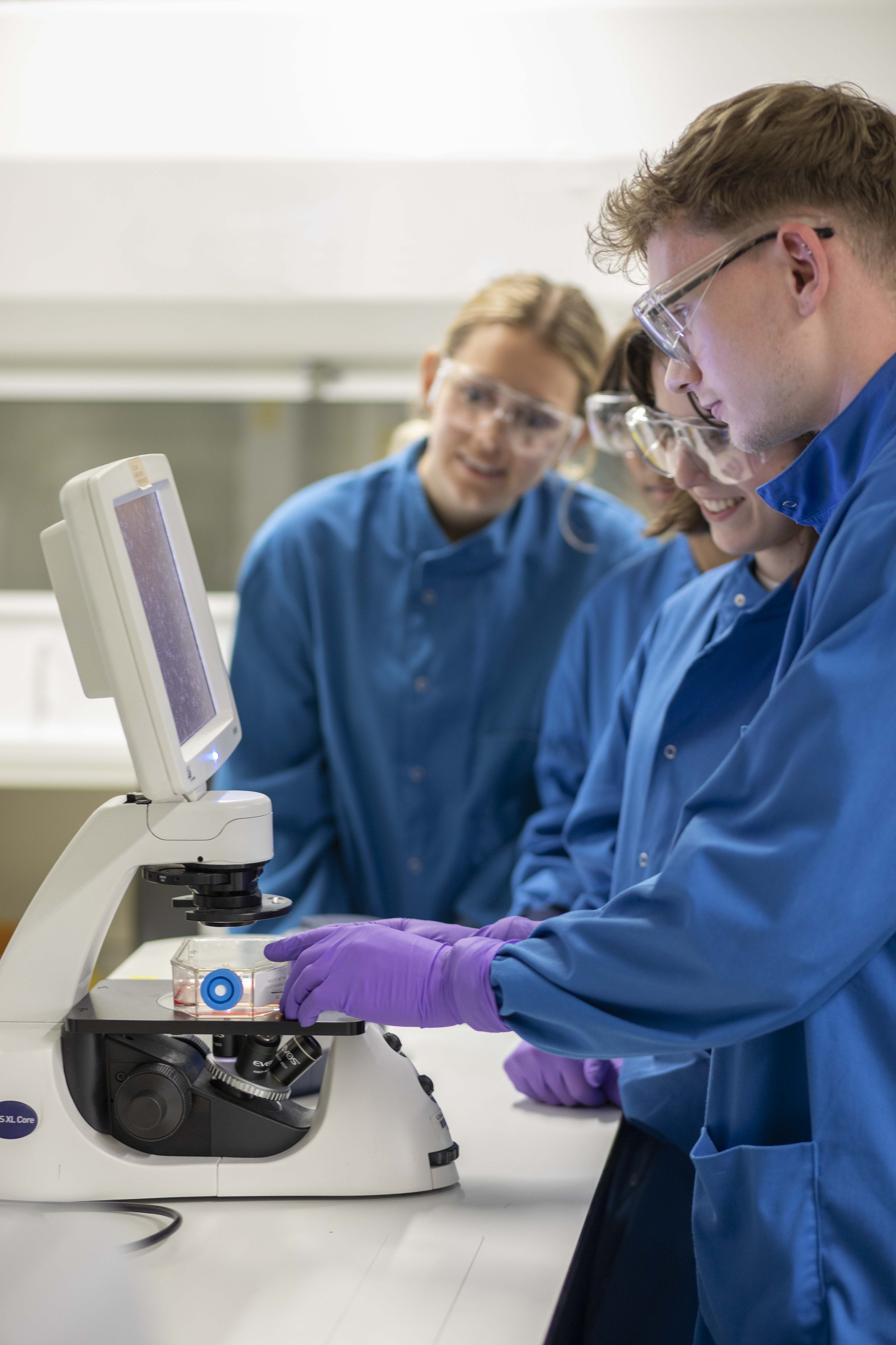 Quatre scientifiques travaillant avec un microscope